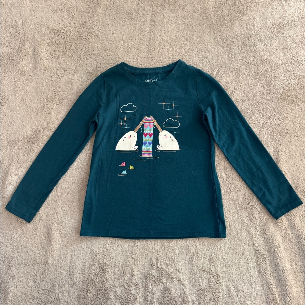 Cat & Jack Girls Long Sleeve Tee with Narwhal Graphic size small